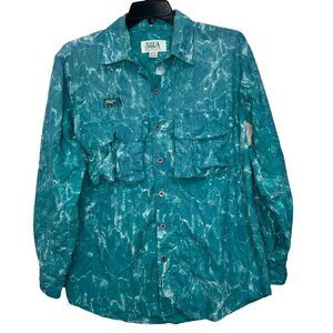 VTG Aqua Design Water Camo Fishing Shirt Button Up Hiking Mens Large 100% Nylon